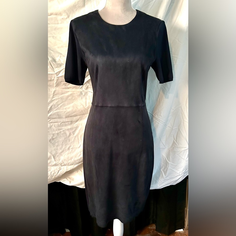 Elie Tahari Dark Navy Short Sleeve Knee Length Lamb Suede Dress, Size 10